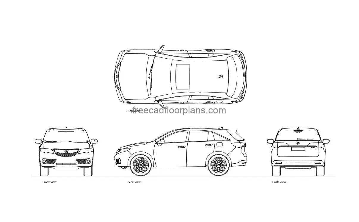 acura mdx autocad drawing, plan and elevation 2d views, dwg file free for download