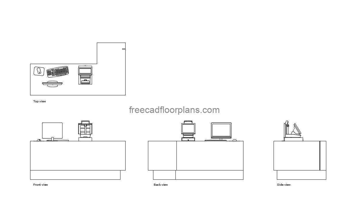 cashier counter autocad drawing, plan and elevation 2d views, dwg file free for download