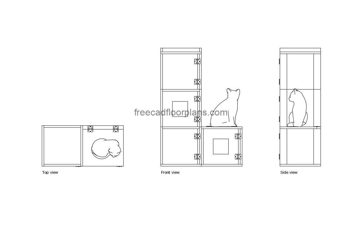 cat tower autocad drawing, plan and elevation 2d views, dwg file free for download