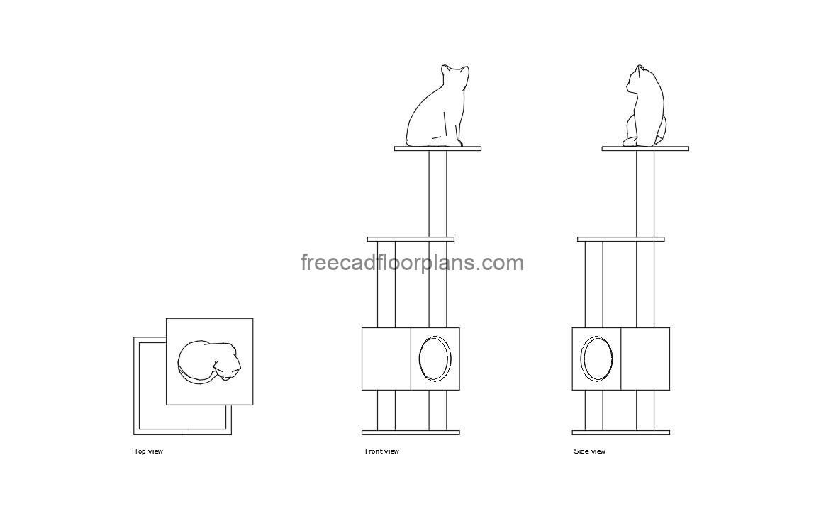 cat tree autocad drawing, plan and elevation 2d views, dwg file free for download