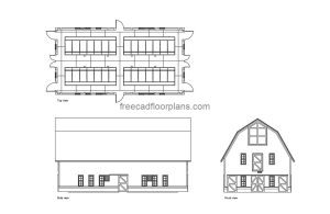 dairy barn autocad drawing, plan and elevation 2d views, dwg file free for download