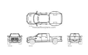 dodge ram 3500 autocad drawing plan and elevation 2d views, dwg file free for download