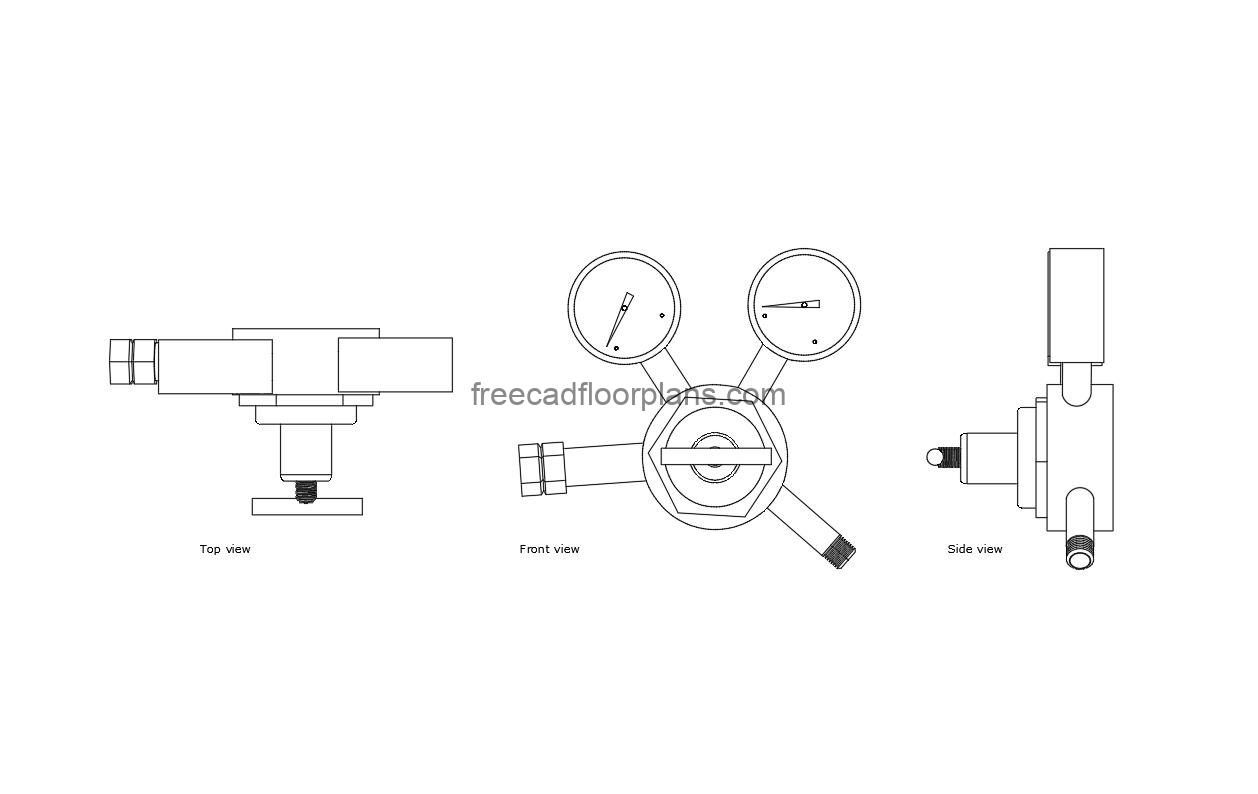 gas regulator autocad drawing, plan and elevation 2d views, dwg file free for download