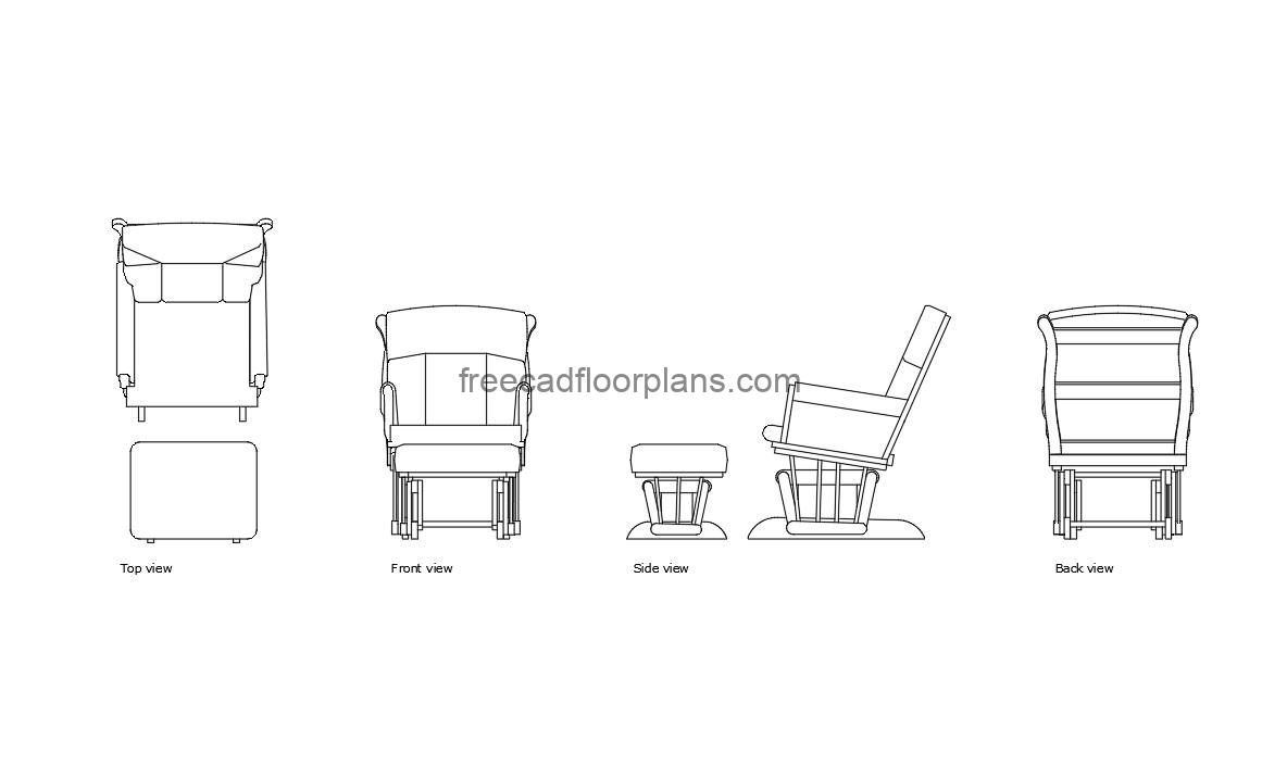 glider chair with ottoman autocad drawing, plan and elevation 2d views, dwg file free for download