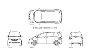 honda freed autocad drawing, plan and elevation 2d views, dwg file free for download