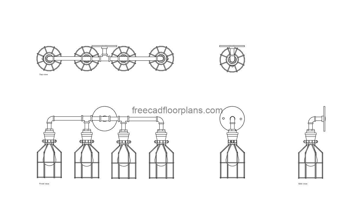 industrial wall sconce autocad drawing, plan and elevation 2d views, dwg file free for download