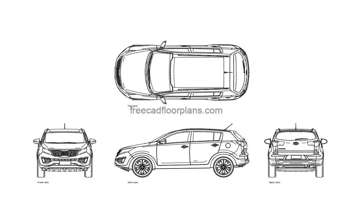 kia sportage autocad drawing, plan and elevation 2d views, dwg file free for download