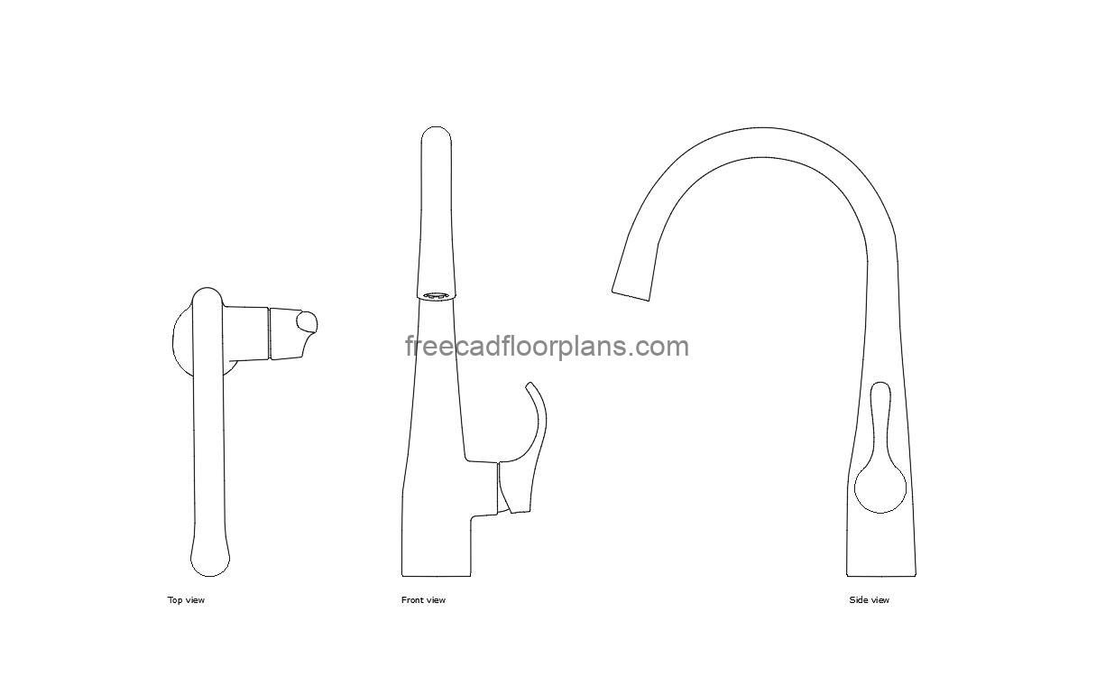 kohler bar faucet autocad drawing, plan and elevation 2d views, dwg file free for download