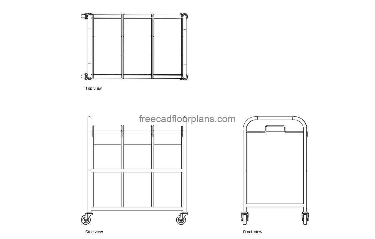 laundry cart autocad drawing, plan and elevation 2d views, dwg file free for download
