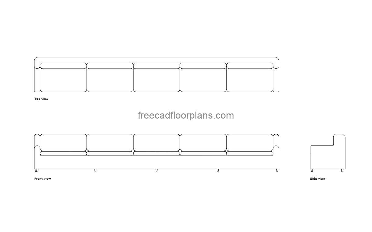 long couch autocad drawing, plan and elevation 2d views, dwg file free for download