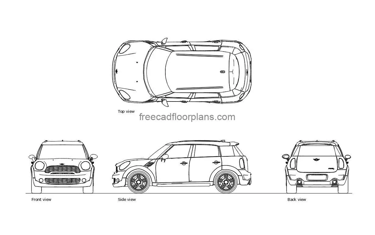mini cooper countryman autocad drawing, plan and elevation 2d views, dwg file free for download