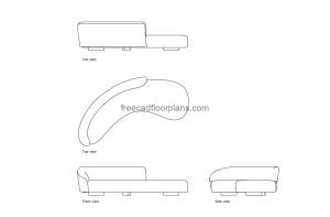 modern curved sofa autocad drawing, plan and elevation 2d views, dwg file free for download