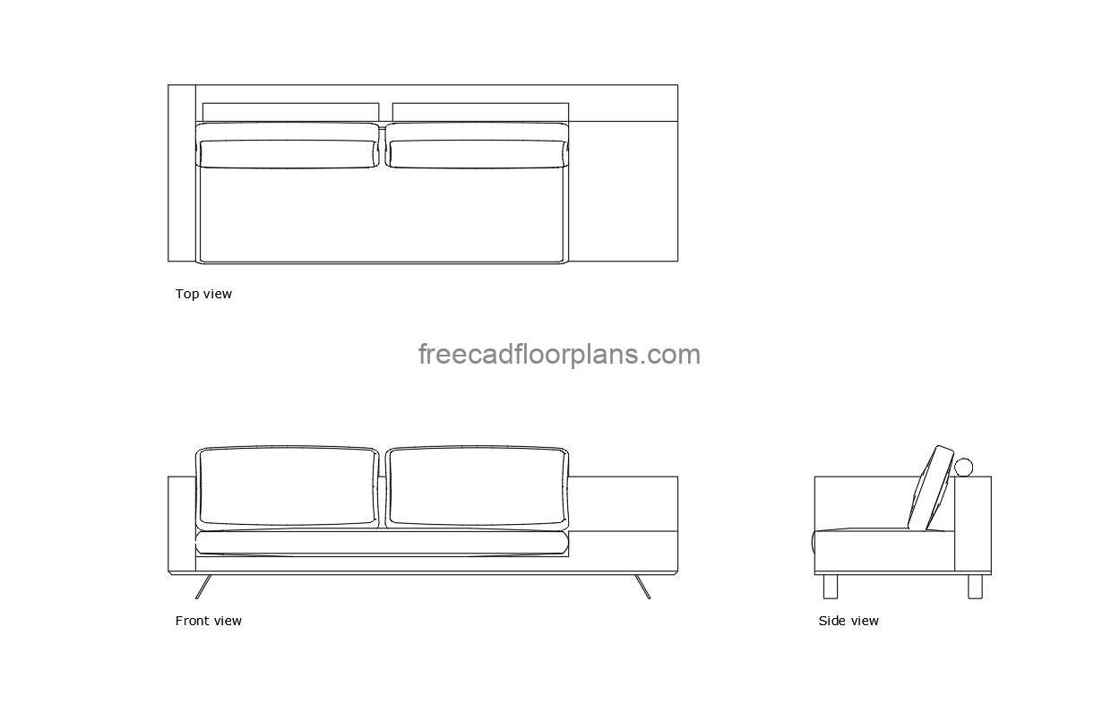 modern sofa autocad drawing, plan and elevation 2d views, dwg file free for download