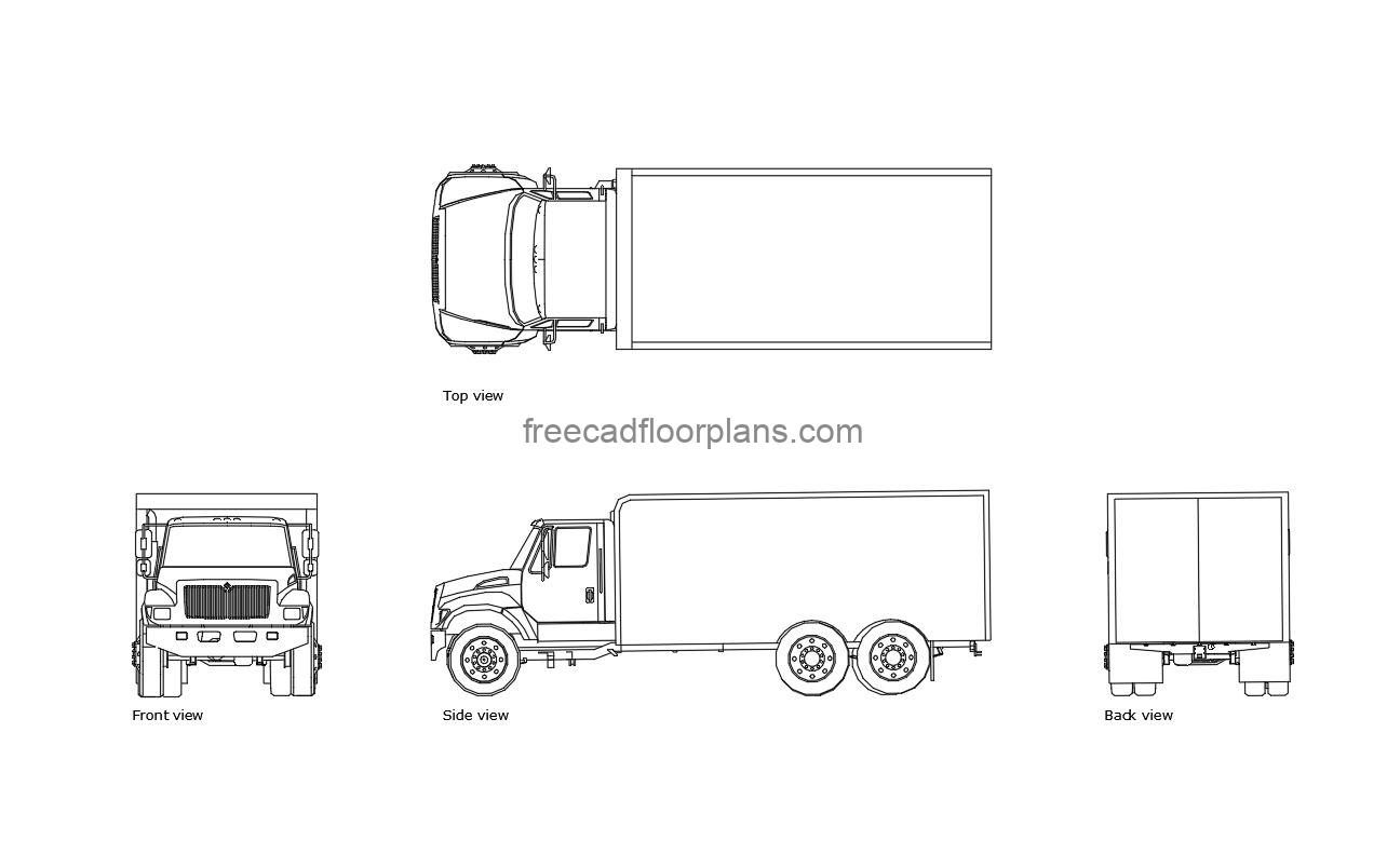 moving truck autocad drawing, plan and elevation 2d views, dwg file free for download