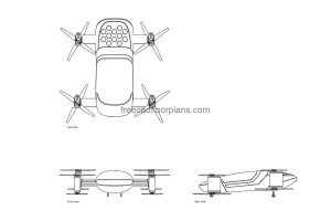 passenger drone autocad drawing, plan and elevation 2d views, dwg file free for download