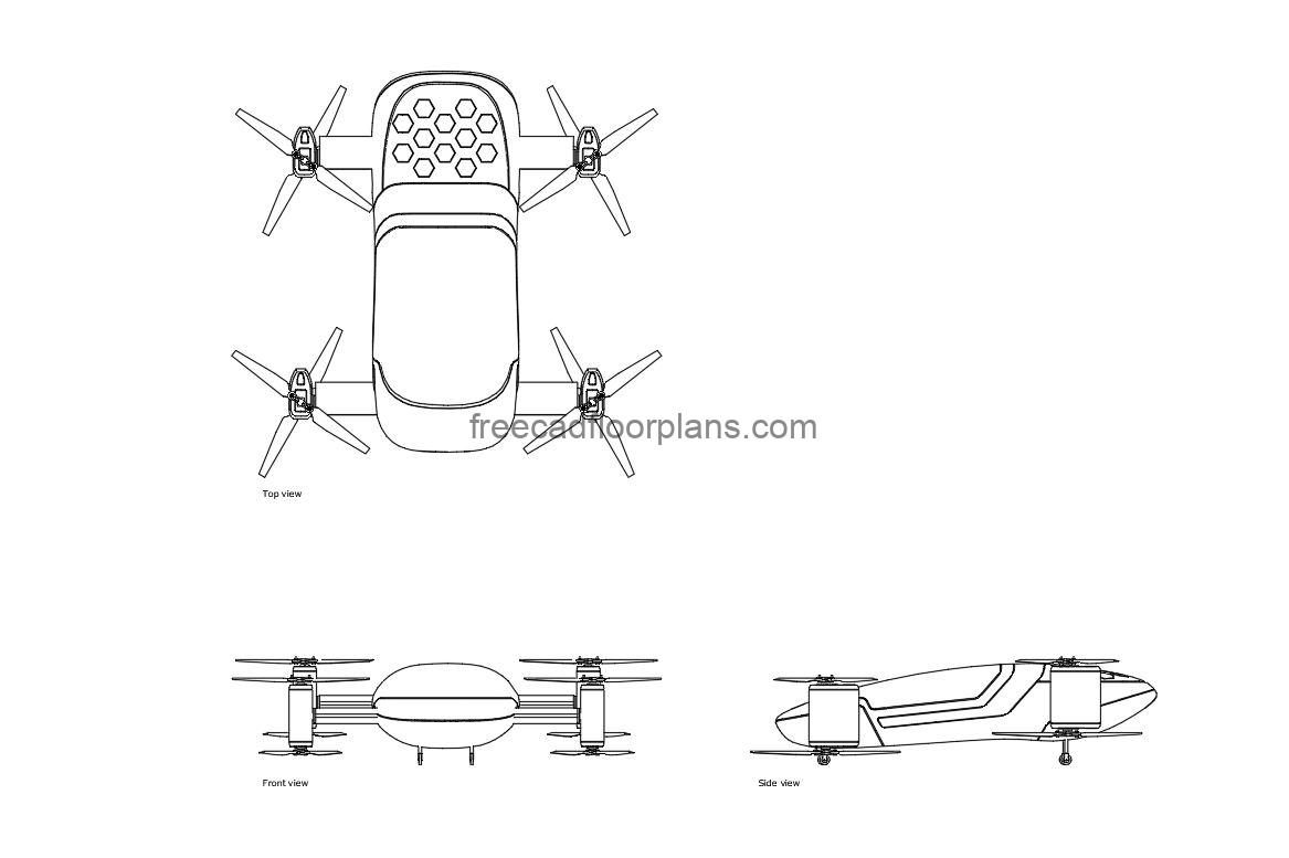 passenger drone autocad drawing, plan and elevation 2d views, dwg file free for download