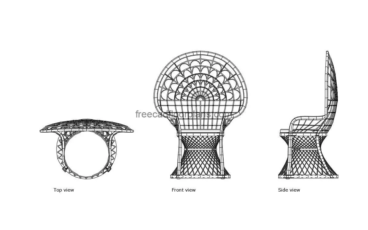 peacock chair autocad drawing, plan and elevation 2d views, dwg file free for download
