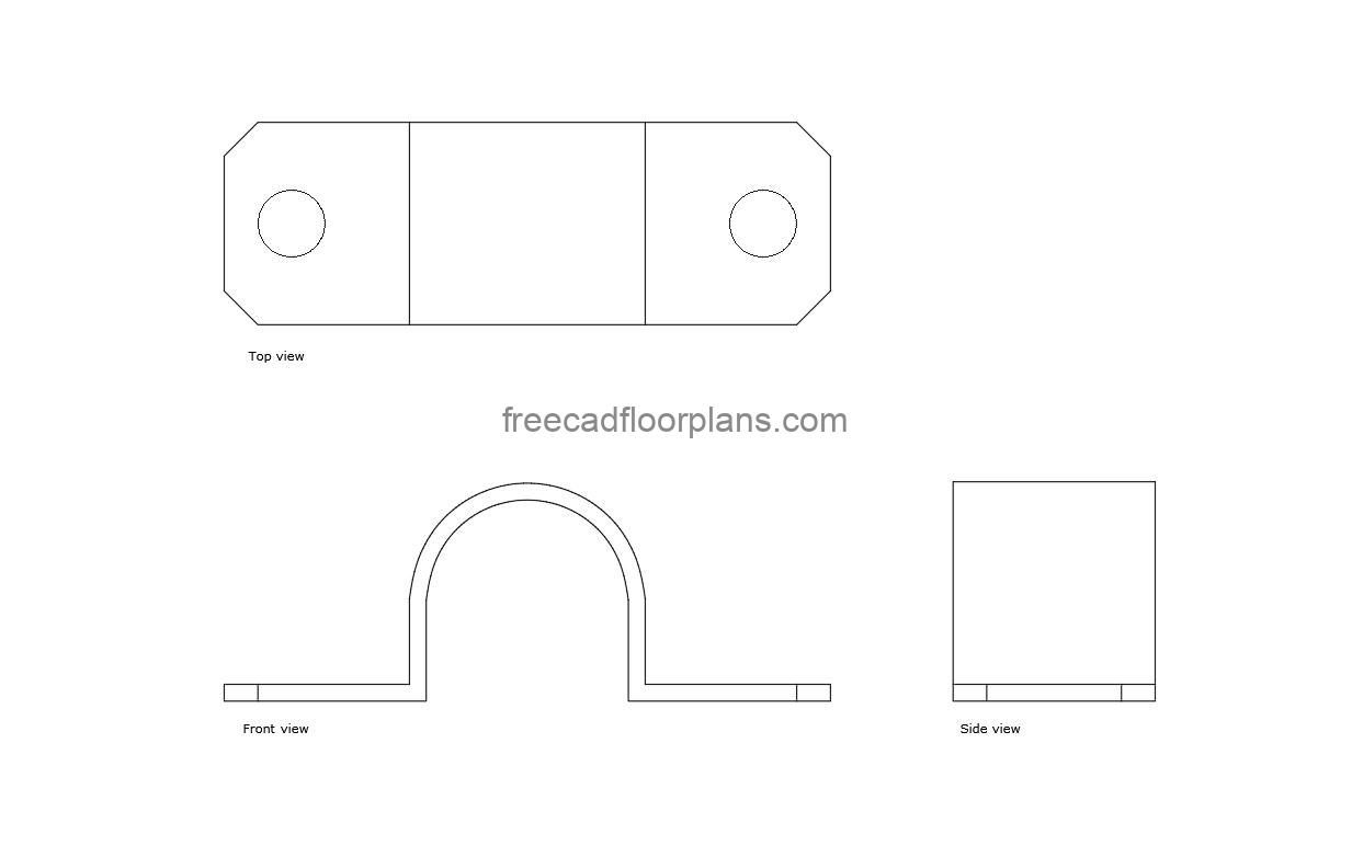pipe strap clamp autocad drawing, plan and elevation 2d views, dwg file free for download