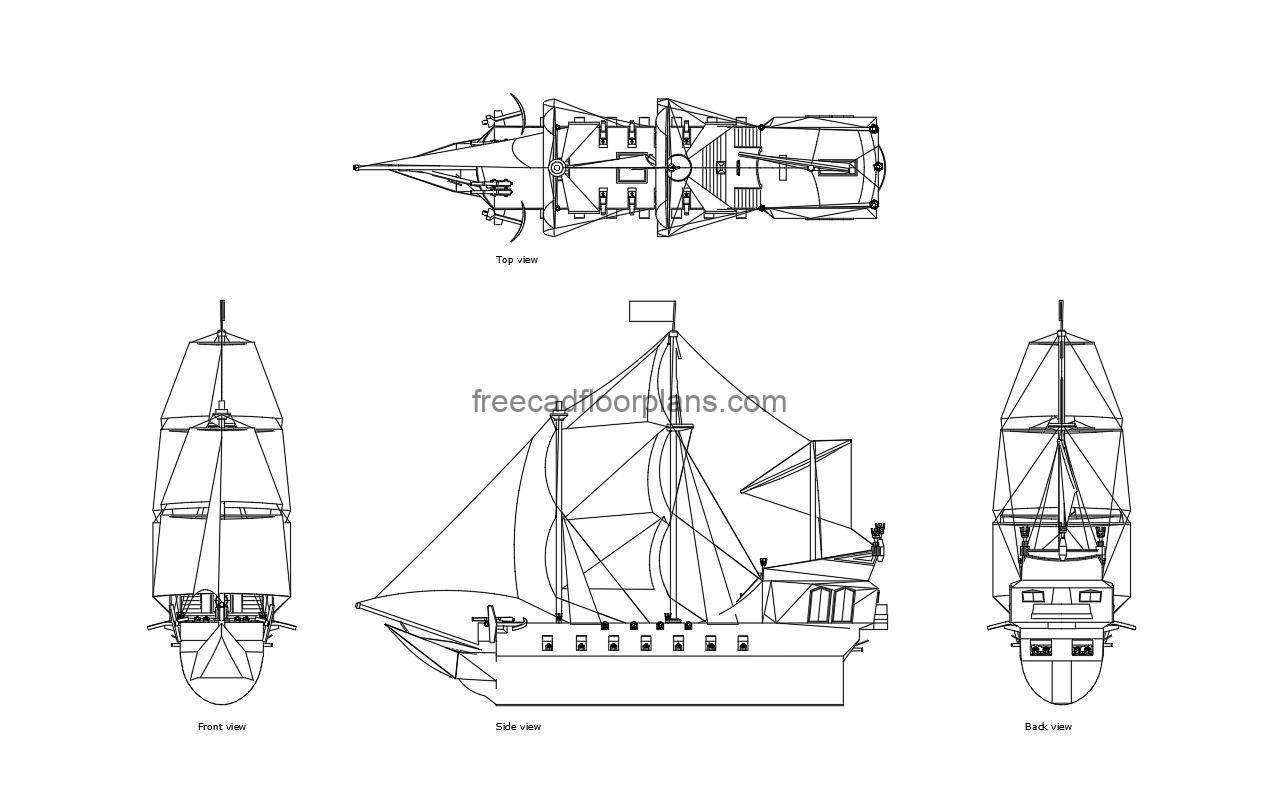 pirate ship autocad drawing, plan and elevation 2d views, dwg file free for download
