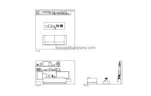 single living room set autocad drawing, plan and elevation 2d views, dwg file free for download