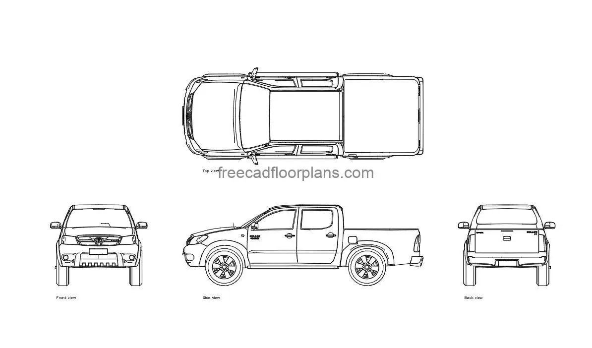toyota hilux autocad drawing, plan and elevation 2d views, dwg file free for download