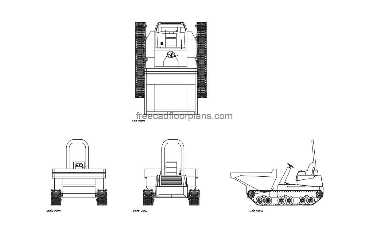 track dumper autocad drawing, plan and elevation 2d views, dwg file free for download