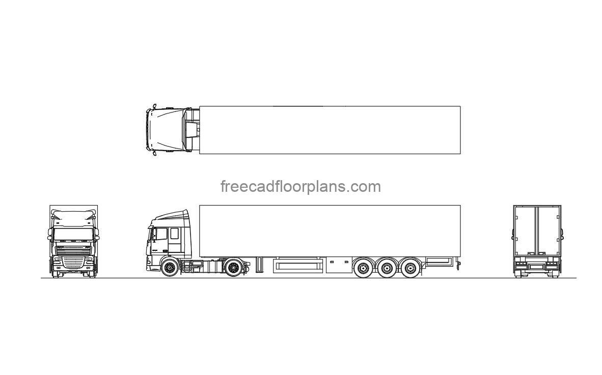 trailer truck autocad drawing, plan and elevation 2d views, dwg file free for download