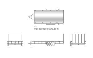 utility trailer autocad drawing, plan and elevation 2d views, dwg file free for download