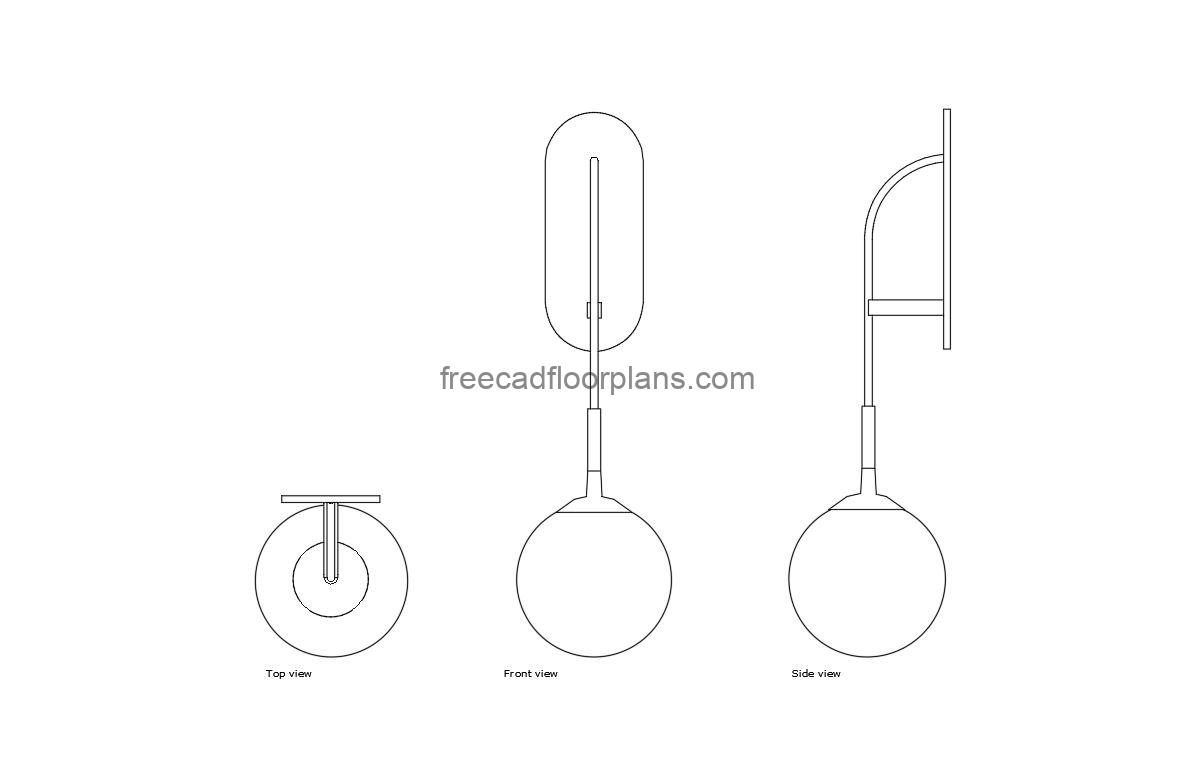 wall hanging light autocad drawing, plan and elevation 2d views, dwg file free for download
