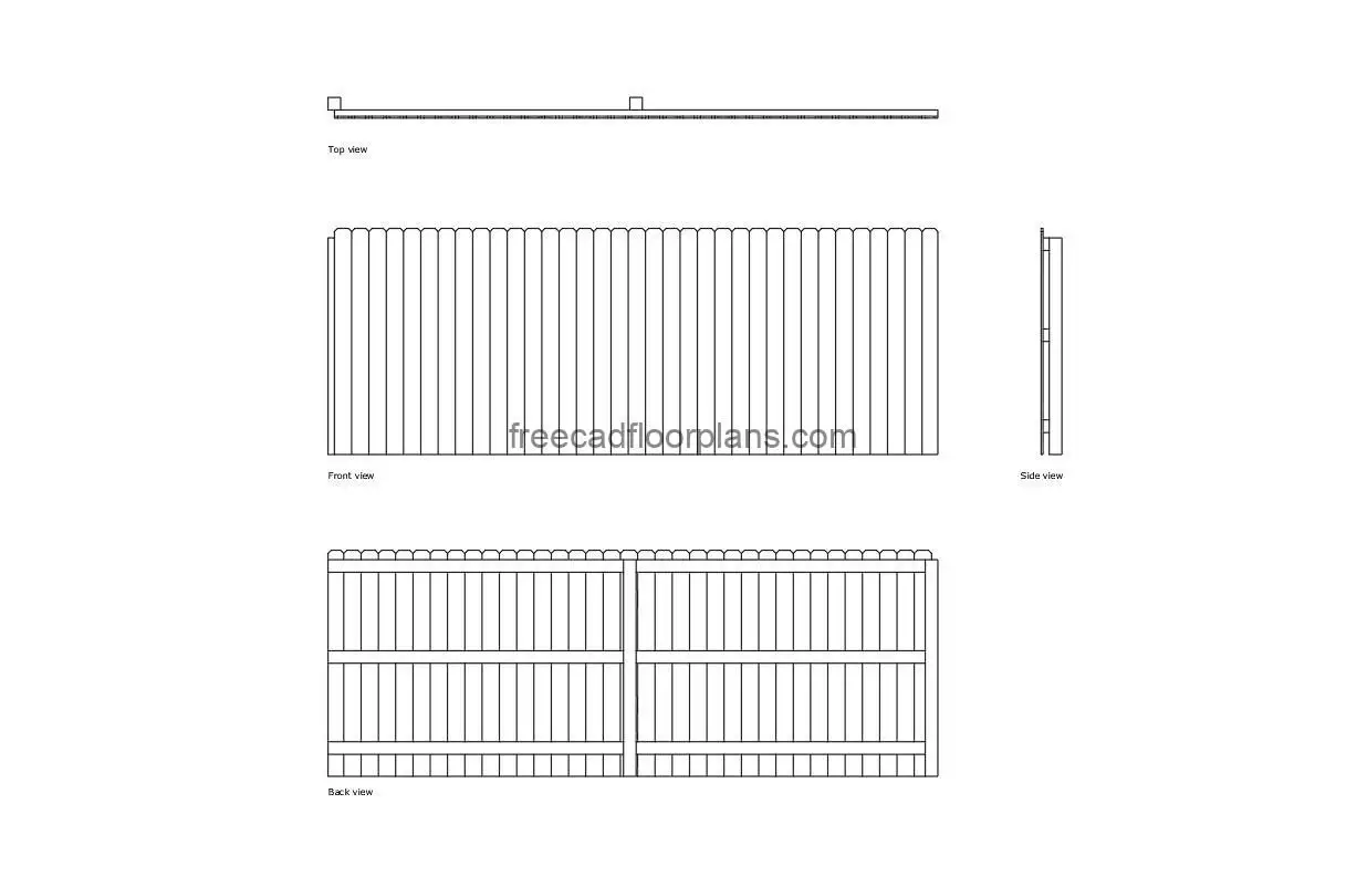 wood cedar fence autocad drawing, plan and elevation 2d views, dwg file free for download