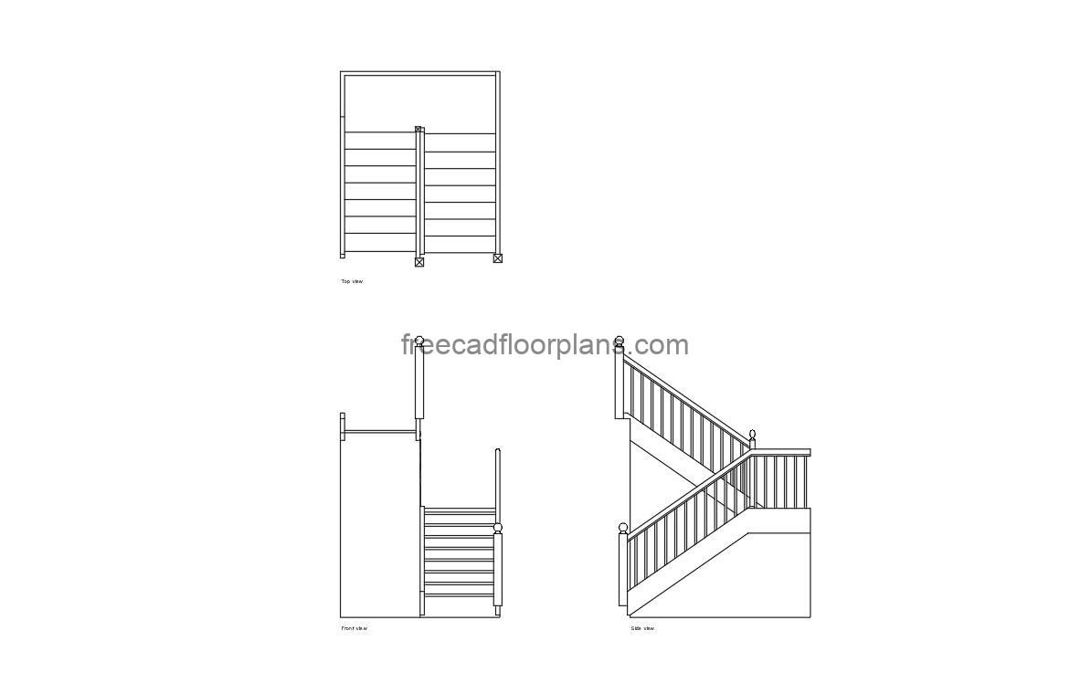 wooden u-shaped staircase autocad drawing, plan and elevation 2d views, dwg file free for download