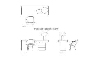 writing desk autocad drawing, plan and elevation 2d views, dwg file free for download