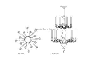 baroque chandelier autocad drawing, plan and elevation 2d views, dwg file free for download