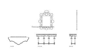 baroque console table with mirror autocad drawing, plan and elevation 2d views, dwg file free for download