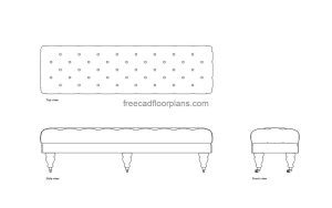big sofa bench autocad drawing, plan and elevation 2d views, dwg file free for download