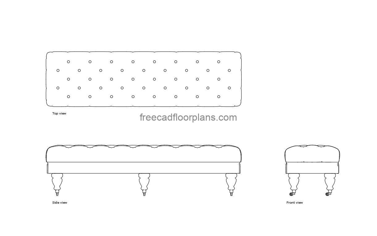 big sofa bench autocad drawing, plan and elevation 2d views, dwg file free for download