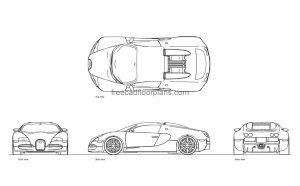 bugatti veyron EB autocad drawing, plan and elevation 2d views, dwg file free for download