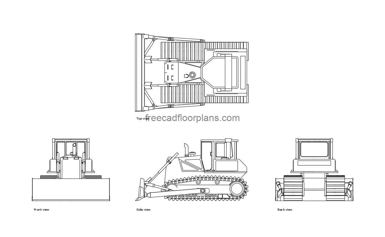 bulldozer autocad drawing, plan and elevation 2d views, dwg file free for download