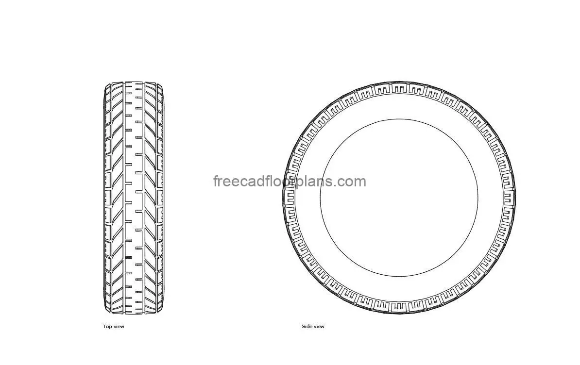 car tire autocad drawing, plan and elevation 2d views, dwg file free for download