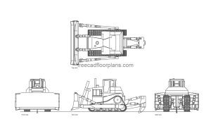caterpillar crawler dozer autocad drawing, plan and elevation 2d views, dwg file free for download
