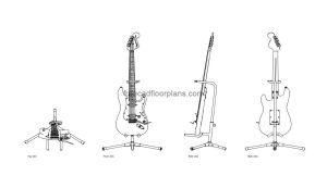 electric guitar with stand autocad drawing, plan and elevation 2d views, dwg file free for download