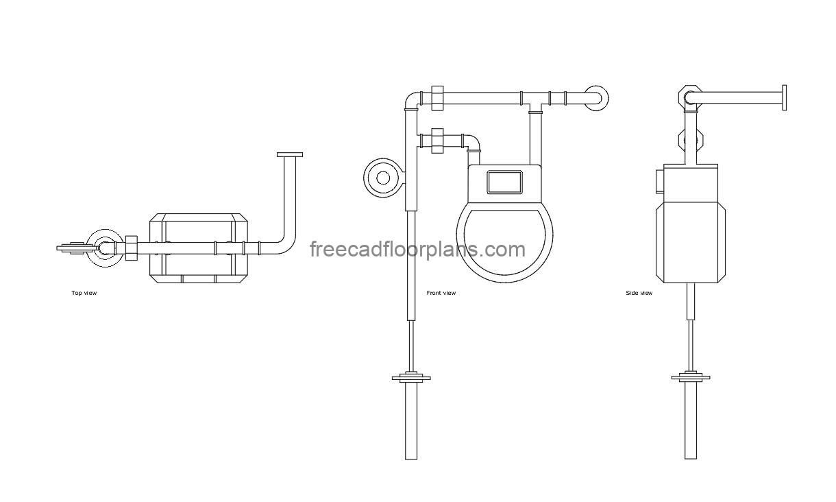 exterior gas meter autocad drawing, plan and elevation 2d views, dwg file free for download
