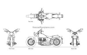 harley davidson autocad drawing, plan and elevation 2d views, dwg file free for download