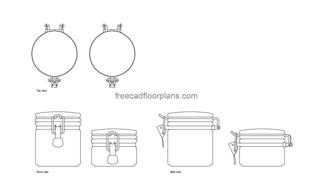 hermetic jars autocad drawing, plan and elevation 2d views, dwg file free for download