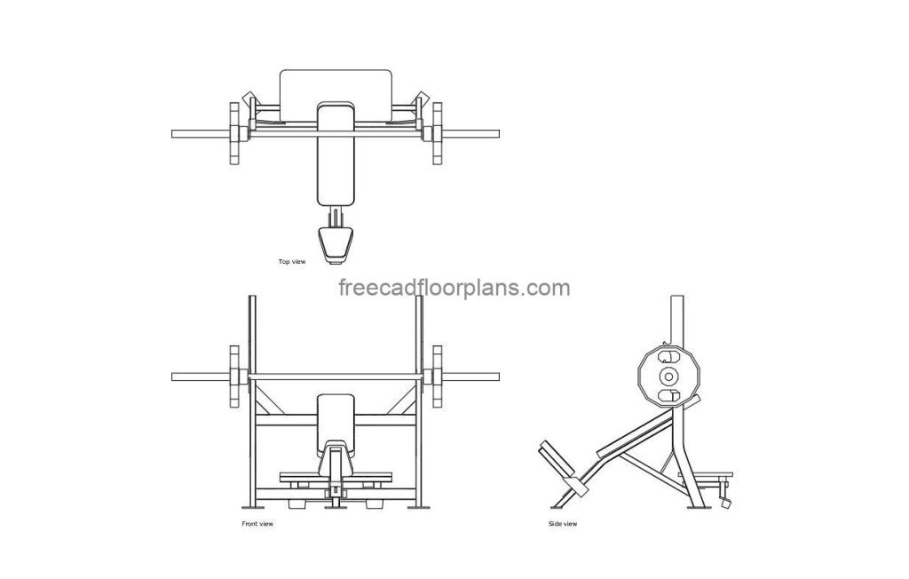 incline bench press autocad drawing, plan and elevation 2d views, dwg file free for download
