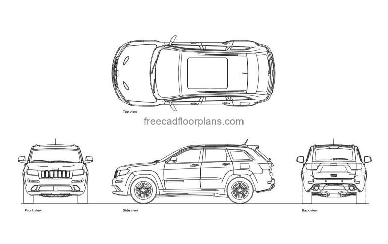 jeep grand cherokee autocad drawing, plan and elevation 2d views, dwg file free for download