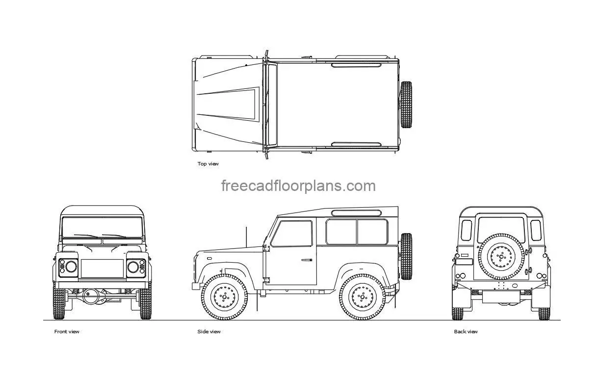 land rover defender autocad drawing, plan and elevation 2d views, dwg file free for download