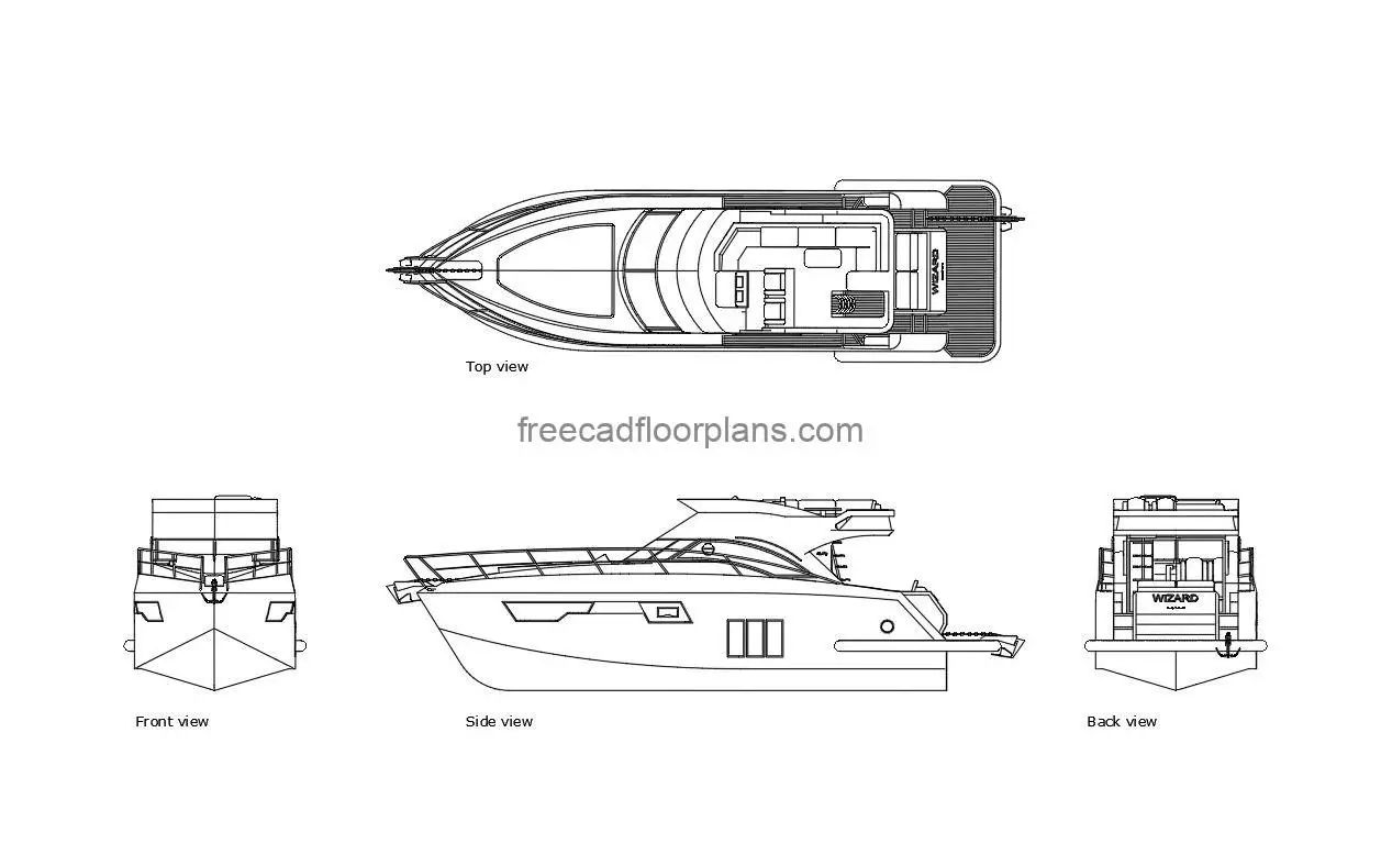 luxury yacht autocad drawing, plan and elevation 2d views, dwg file free for download