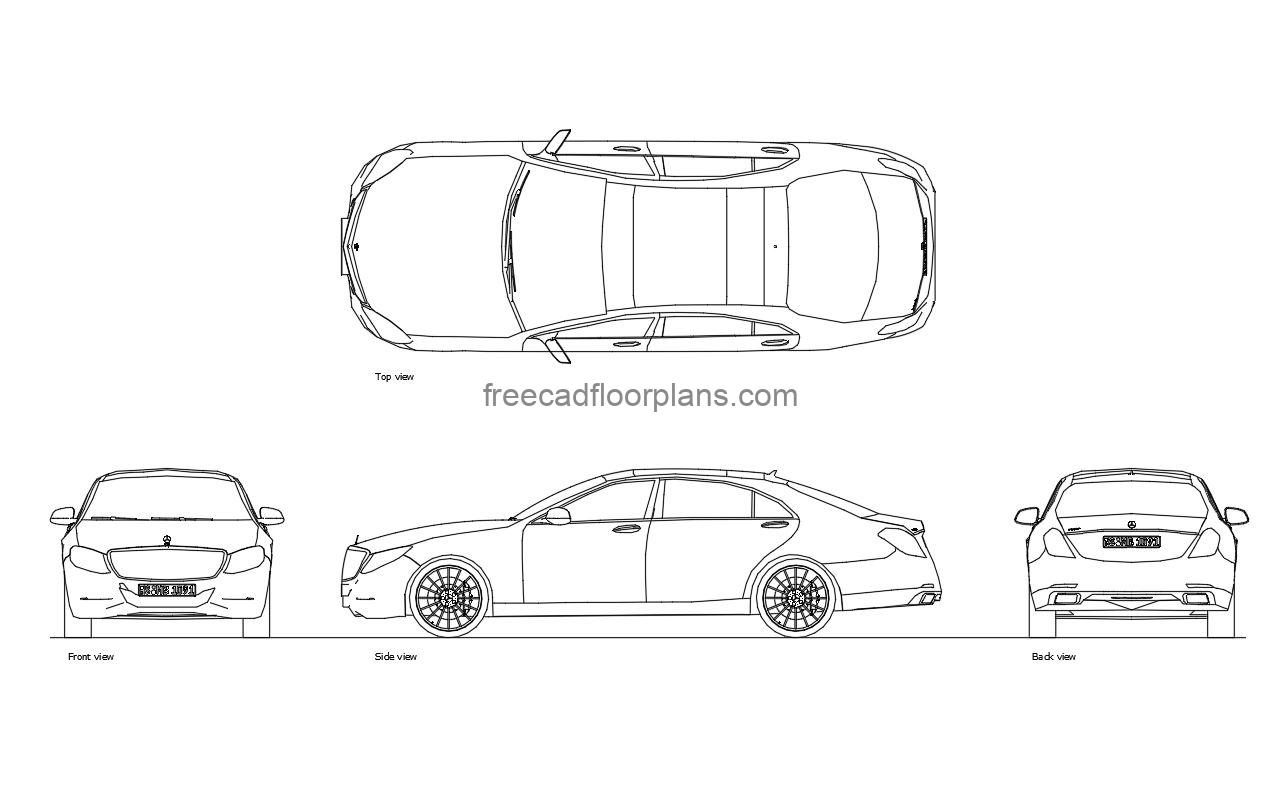 mercedes benz autocad drawing, plan and elevation 2d views, dwg file free for download