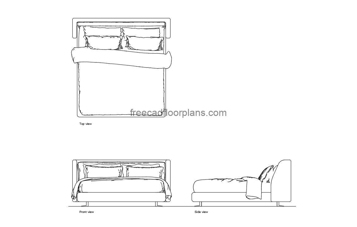 minotti spencer bed autocad drawing, plan and elevation 2d views, dwg file free for download